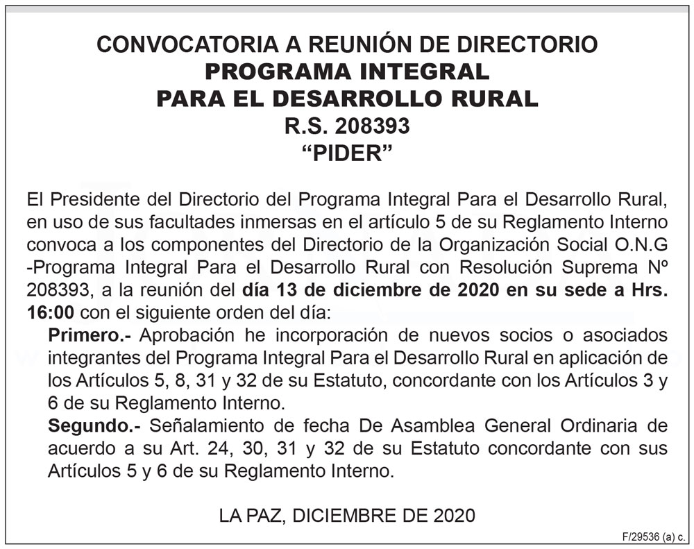 Convocatoria a Reunión de Directorio - Programa Integral Para el Desarrollo  Rural - JORNADA