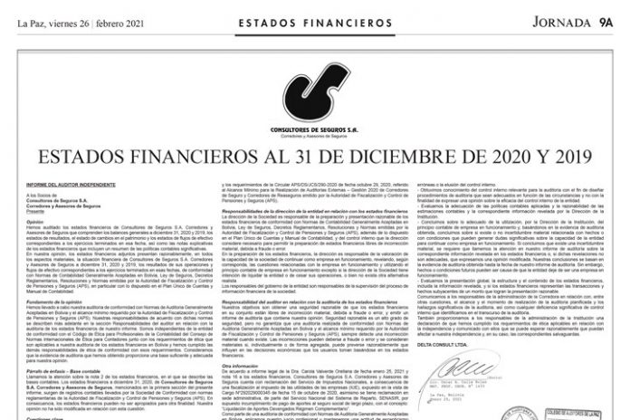 Consultores de Seguros S.A. - Estados Financieros al 31 de diciembre de 2020 y 2019