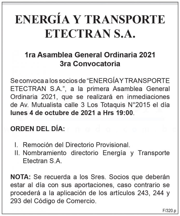 Energía y Transporte Etectran S.A. – 1ra Asamblea General Ordinaria 2021 – 3ra Convocatoria