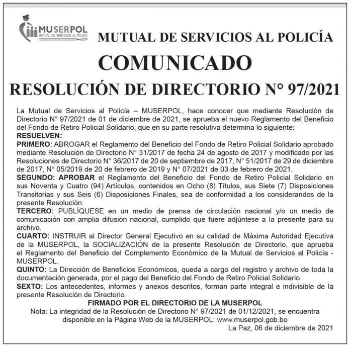 MUSERPOL - Comunicado - Resolución de Directorio N° 97/2021