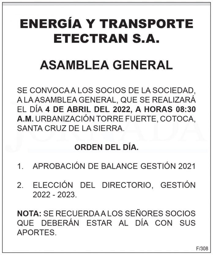 Energía y Transporte Etectran S.A. - Asamblea General