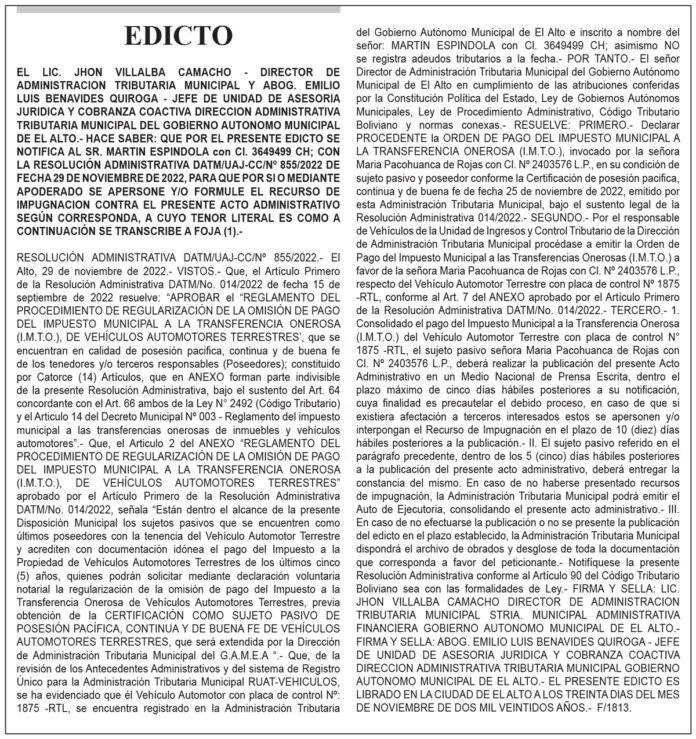 Edicto notifica a Martín Espíndola - Resolución Administrativa DATM/UAJ-CC/Nº 855/2022