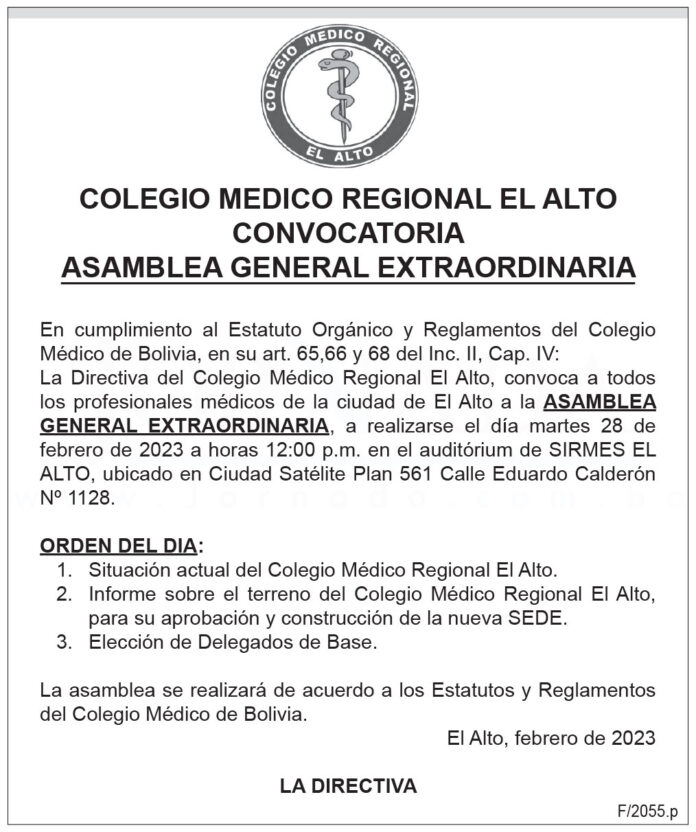 Colegio Médico Regional El Alto - Convocatoria Asamblea General Extraordinaria