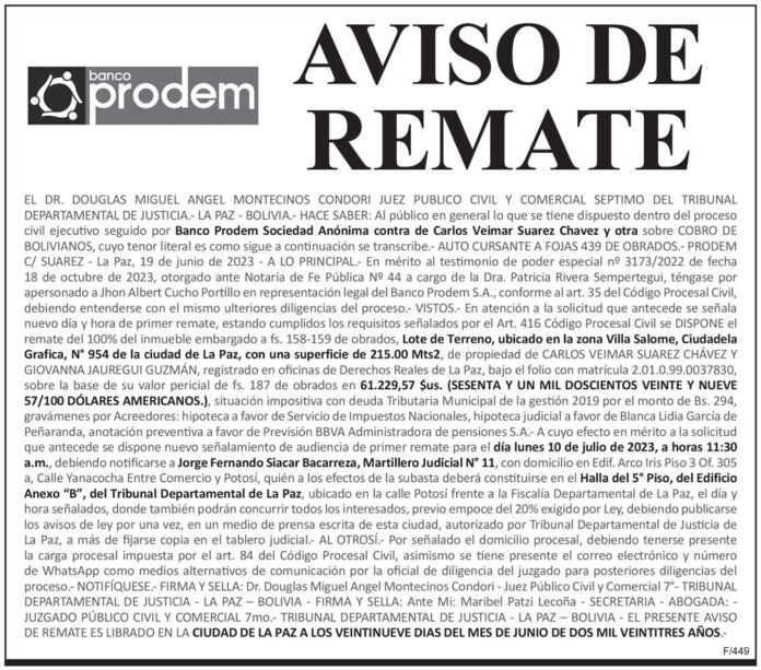 Aviso de Remate contra de Carlos Veimar Suárez Chávez